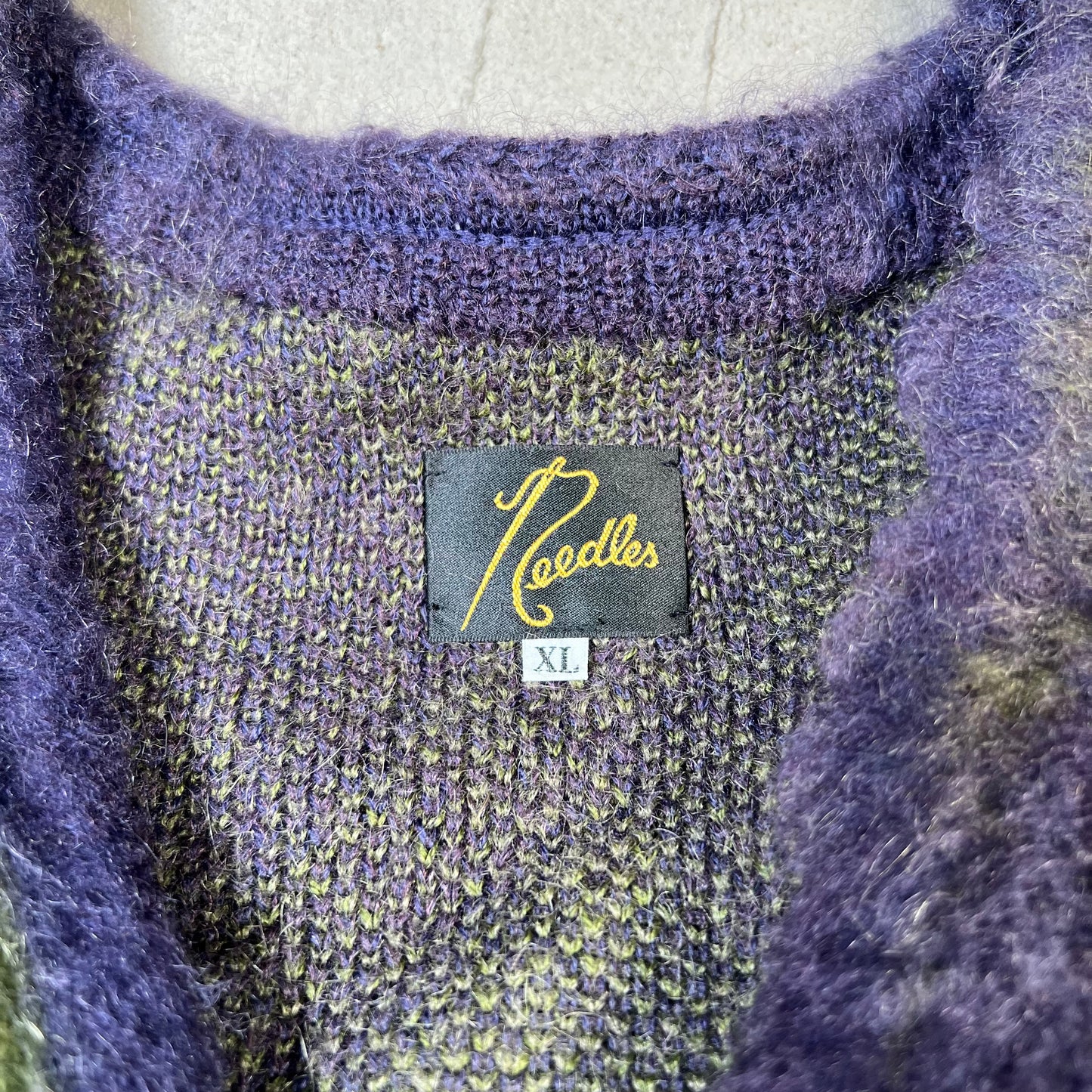 Needles Purple/Green Fuzzy Cardigan Argyle Mohair Sweater Size XL USED x17845