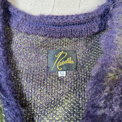 Needles Purple/Green Fuzzy Cardigan Argyle Mohair Sweater Size XL USED x17845