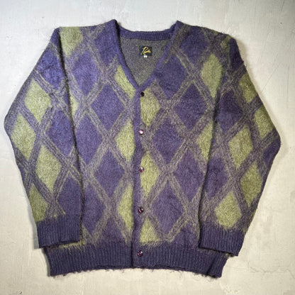 Needles Purple/Green Fuzzy Cardigan Argyle Mohair Sweater Size XL USED x17845