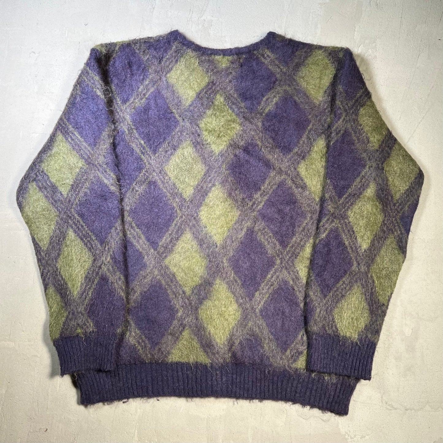 Needles Purple/Green Fuzzy Cardigan Argyle Mohair Sweater Size XL USED x17845