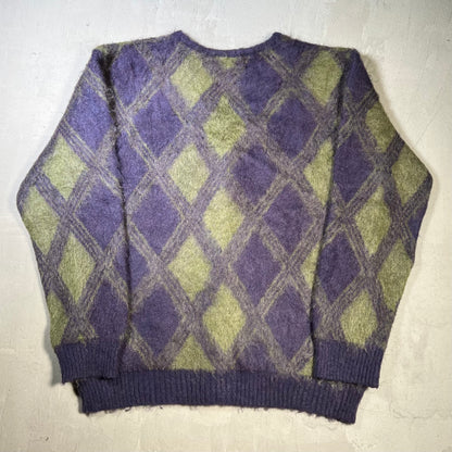 Needles Purple/Green Fuzzy Cardigan Argyle Mohair Sweater Size XL USED x17845