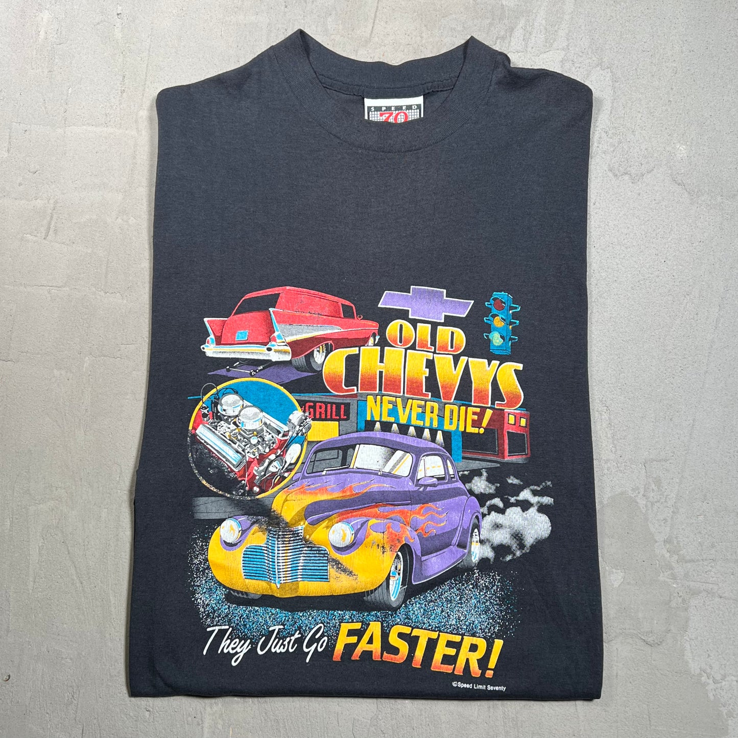 1990s "Old Chevy's" Black Hot Rod Tee Size XL USED v19695