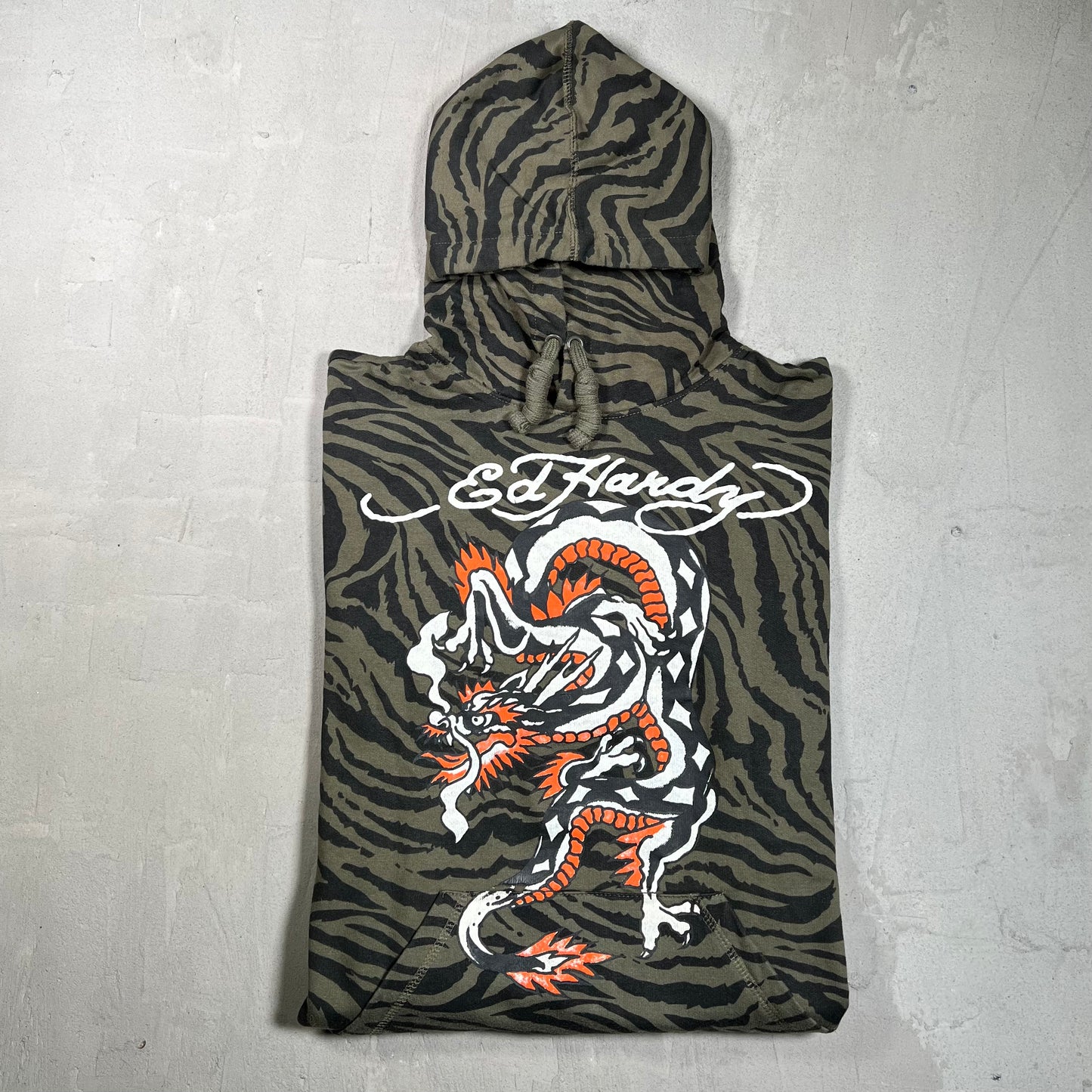 Y2K Ed Hardy Tiger Print Green Camo Hoodie Size Large USED x17894