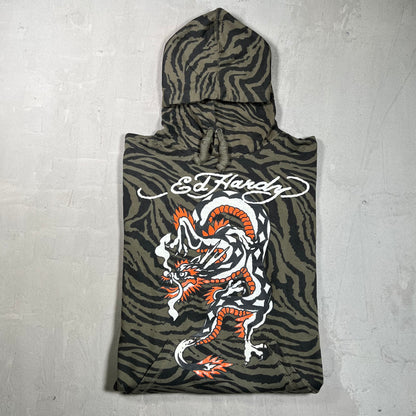 Y2K Ed Hardy Tiger Print Green Camo Hoodie Size Large USED x17894