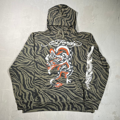 Y2K Ed Hardy Tiger Print Green Camo Hoodie Size Large USED x17894