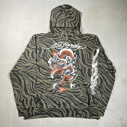 Y2K Ed Hardy Tiger Print Green Camo Hoodie Size Large USED x17894