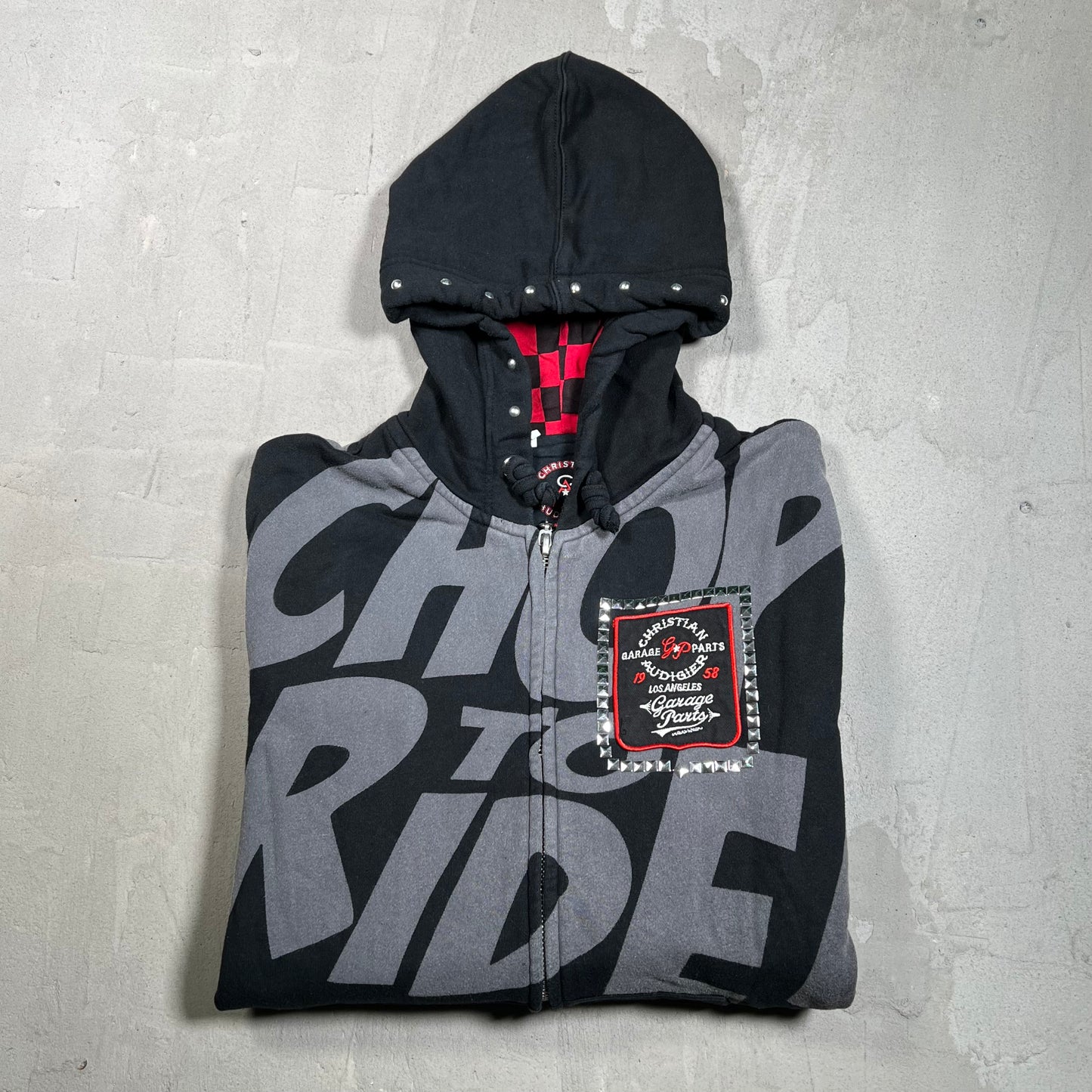Y2K Christian Audigier Garage Parts Gem Black Zip Up Hoodie Size Small USED x17898