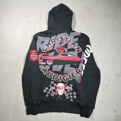 Y2K Christian Audigier Garage Parts Gem Black Zip Up Hoodie Size Small USED x17898