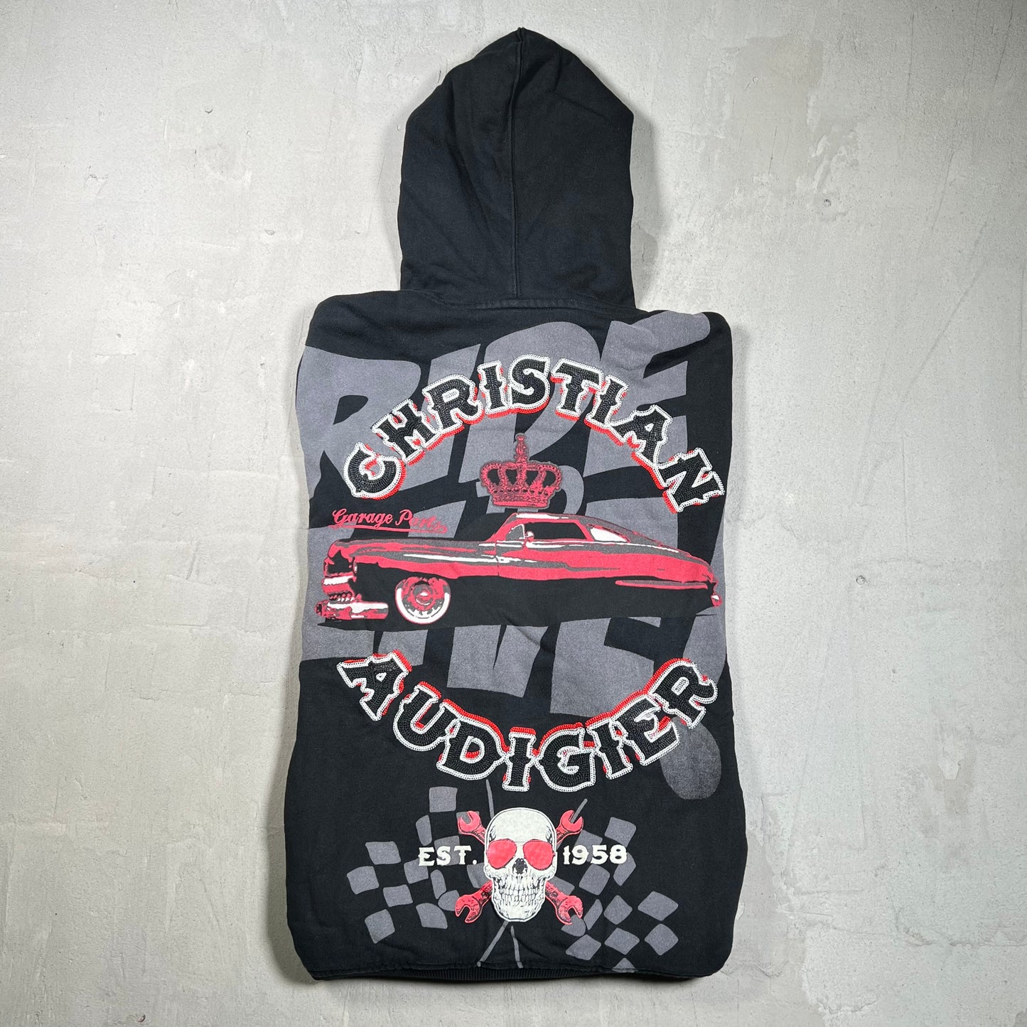 Y2K Christian Audigier Garage Parts Gem Black Zip Up Hoodie Size Small USED x17898