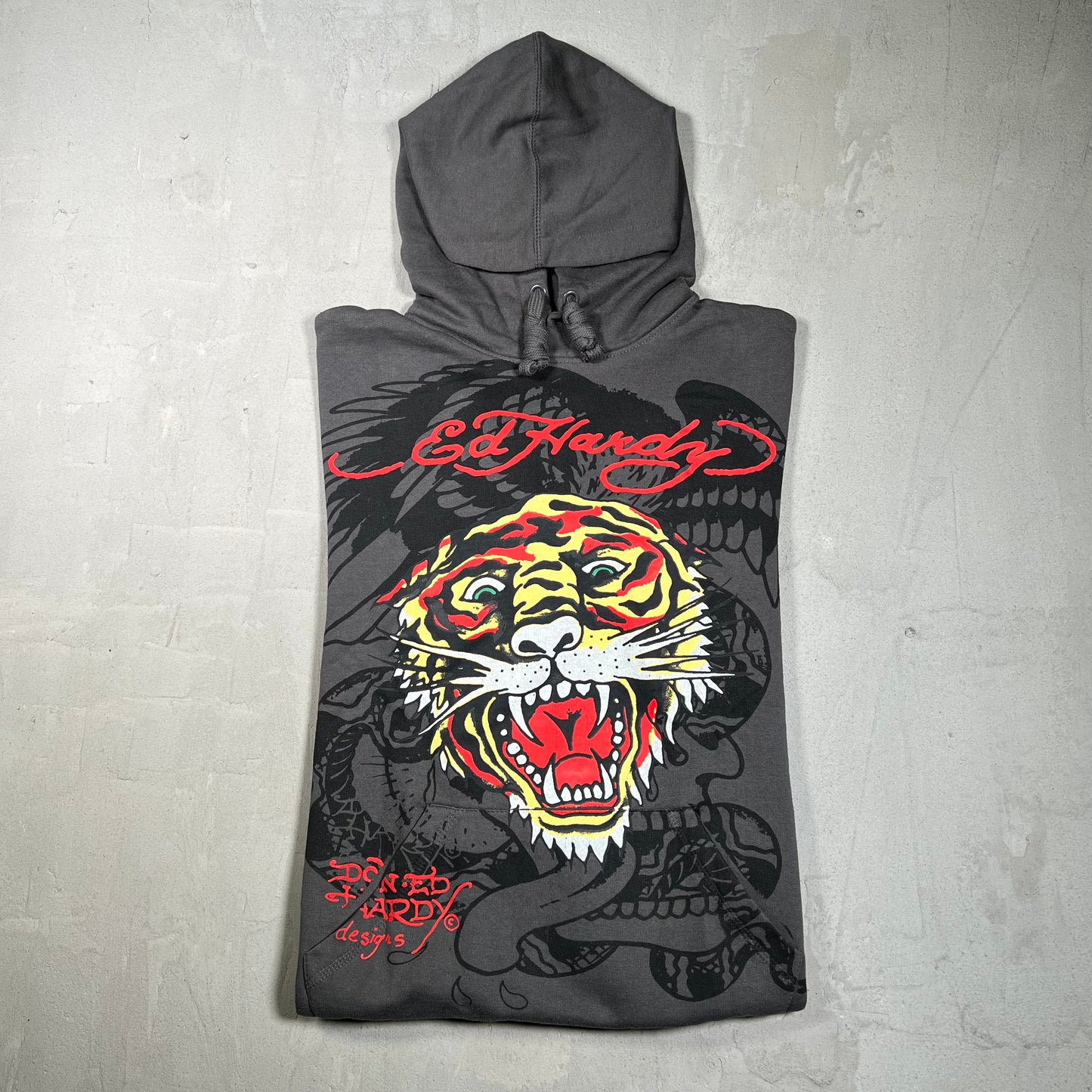 Y2K Ed Hardy Tiger Head Grey Pull Over Hoodie Size Medium USED x17896