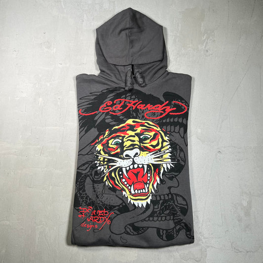 Y2K Ed Hardy Tiger Head Grey Pull Over Hoodie Size Medium USED x17896