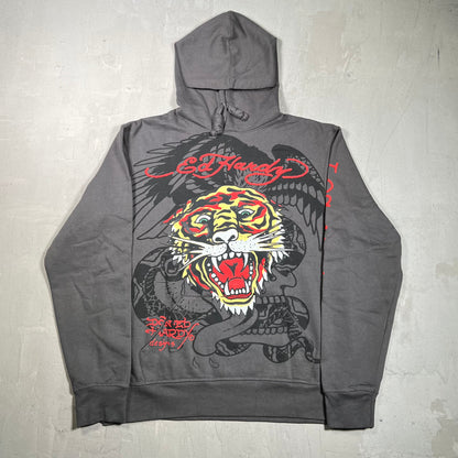 Y2K Ed Hardy Tiger Head Grey Pull Over Hoodie Size Medium USED x17896