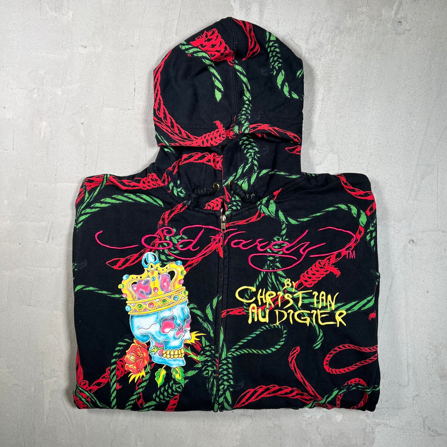Y2K Christian Audigier Skull and Vines AOP Black Zip Up Hoodie Size XXL USED x17897