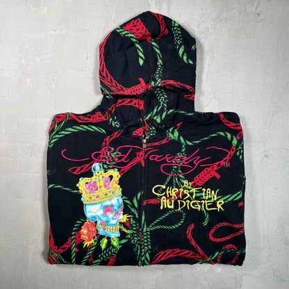 Y2K Christian Audigier Skull and Vines AOP Black Zip Up Hoodie Size XXL USED x17897