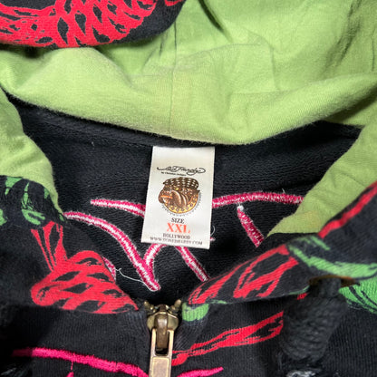 Y2K Christian Audigier Skull and Vines AOP Black Zip Up Hoodie Size XXL USED x17897