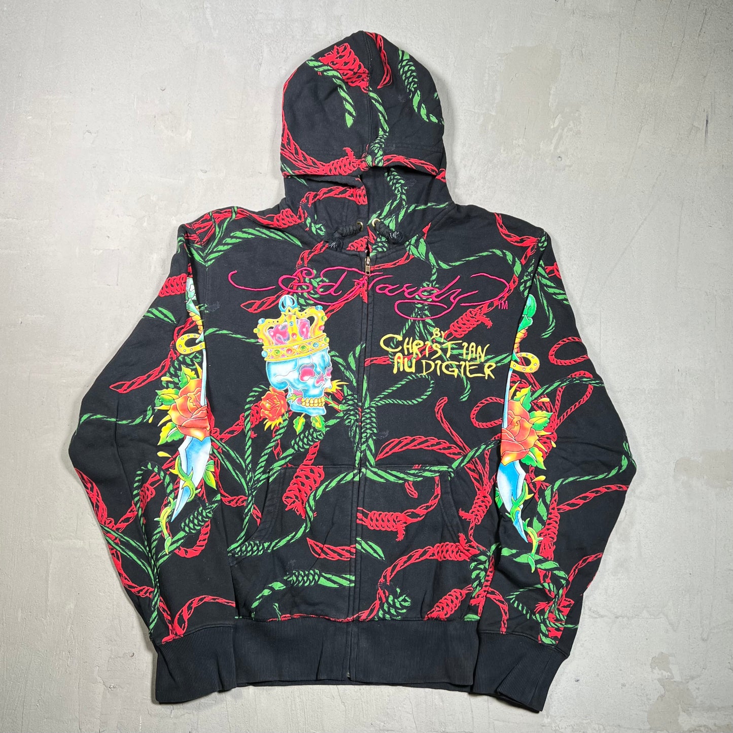 Y2K Christian Audigier Skull and Vines AOP Black Zip Up Hoodie Size XXL USED x17897