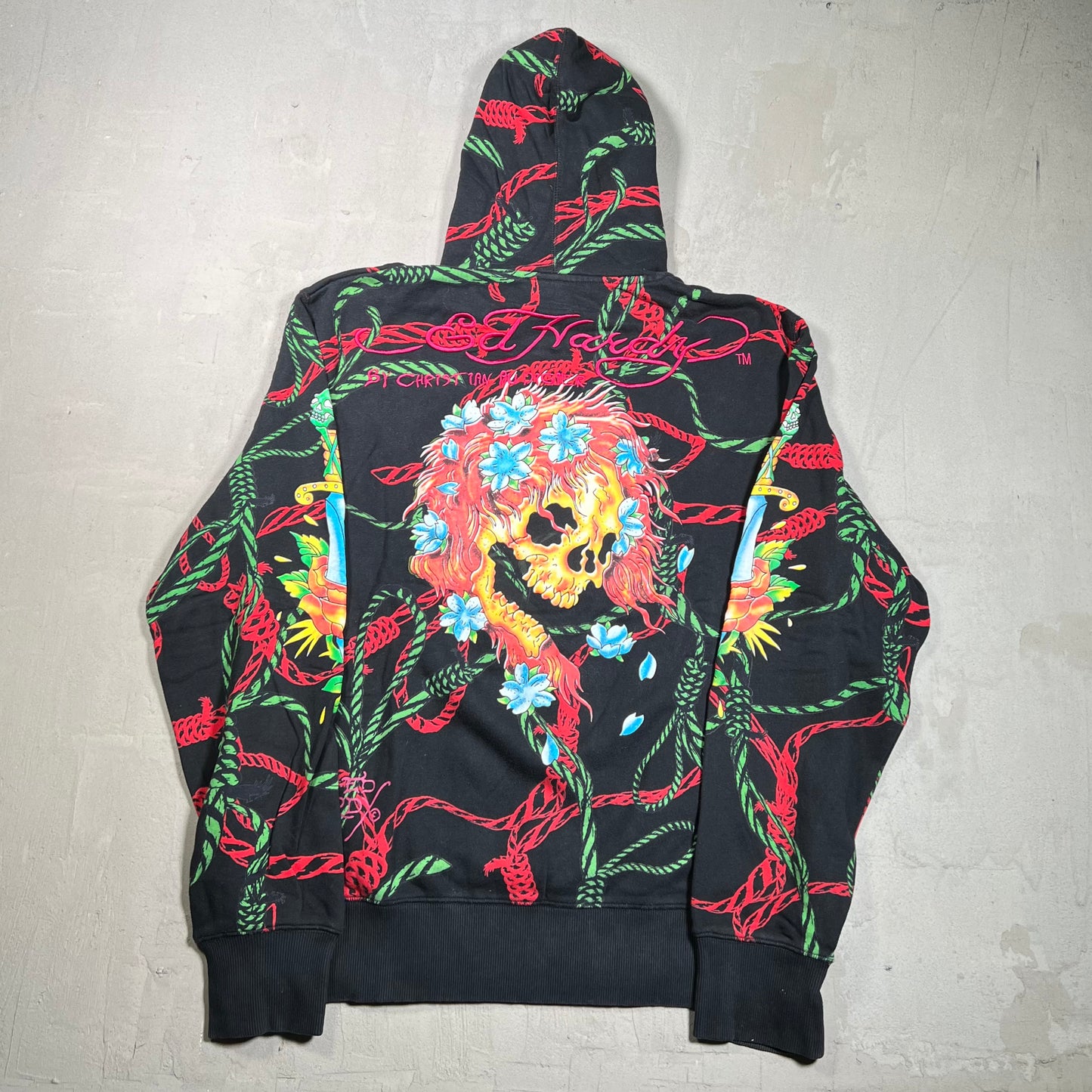 Y2K Christian Audigier Skull and Vines AOP Black Zip Up Hoodie Size XXL USED x17897
