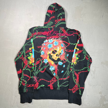 Y2K Christian Audigier Skull and Vines AOP Black Zip Up Hoodie Size XXL USED x17897