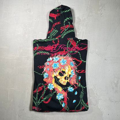 Y2K Christian Audigier Skull and Vines AOP Black Zip Up Hoodie Size XXL USED x17897