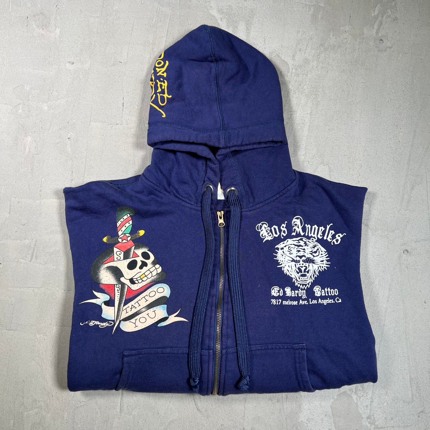 Y2K Ed Hardy Los Angeles Don Navy Blue Zip Up Hoodie Size Large USED x17895