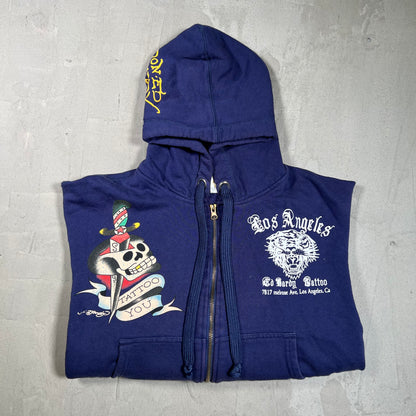 Y2K Ed Hardy Los Angeles Don Navy Blue Zip Up Hoodie Size Large USED x17895