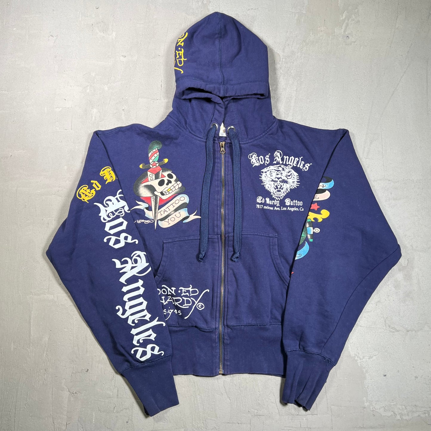 Y2K Ed Hardy Los Angeles Don Navy Blue Zip Up Hoodie Size Large USED x17895