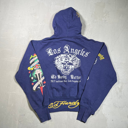 Y2K Ed Hardy Los Angeles Don Navy Blue Zip Up Hoodie Size Large USED x17895