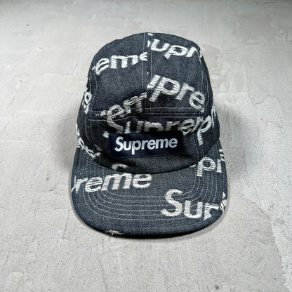 Supreme Jacquard Logos Rigid Indigo Denim Camp Cap USED x17865