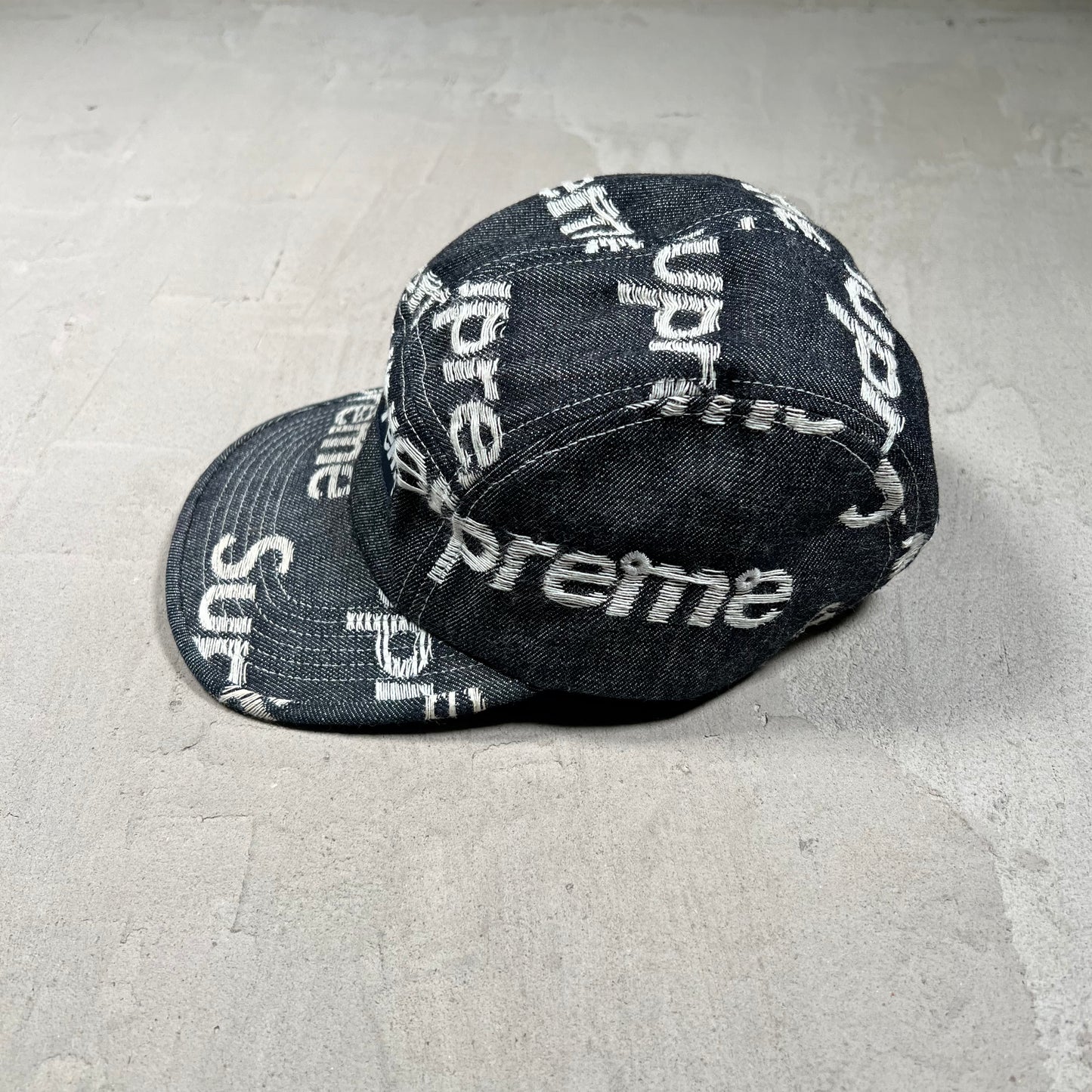 Supreme Jacquard Logos Rigid Indigo Denim Camp Cap USED x17865
