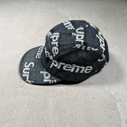 Supreme Jacquard Logos Rigid Indigo Denim Camp Cap USED x17865