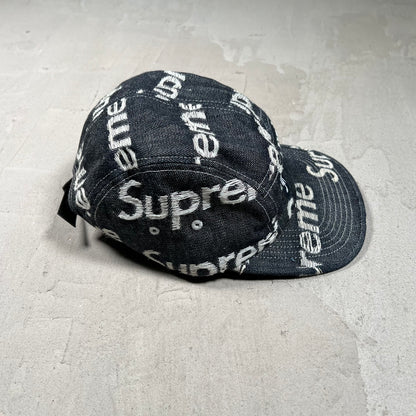 Supreme Jacquard Logos Rigid Indigo Denim Camp Cap USED x17865