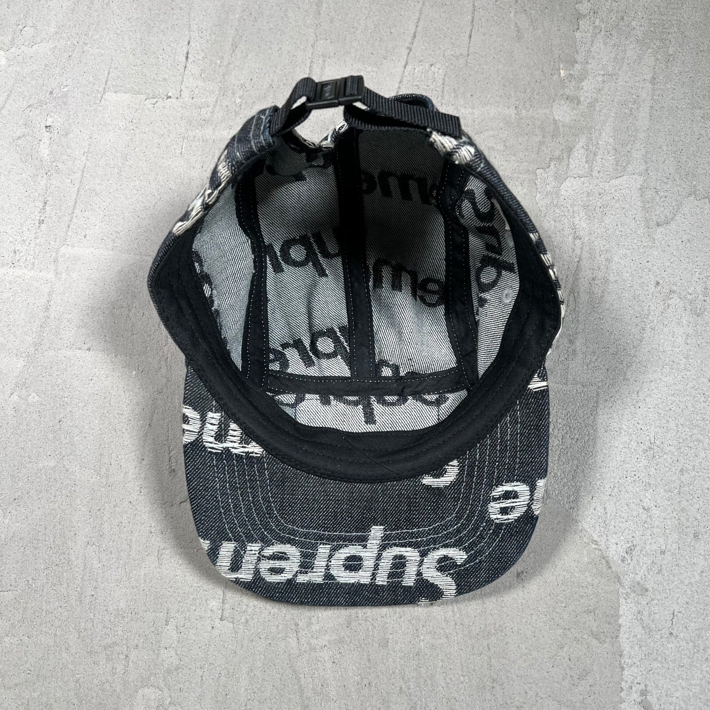 Supreme Jacquard Logos Rigid Indigo Denim Camp Cap USED x17865