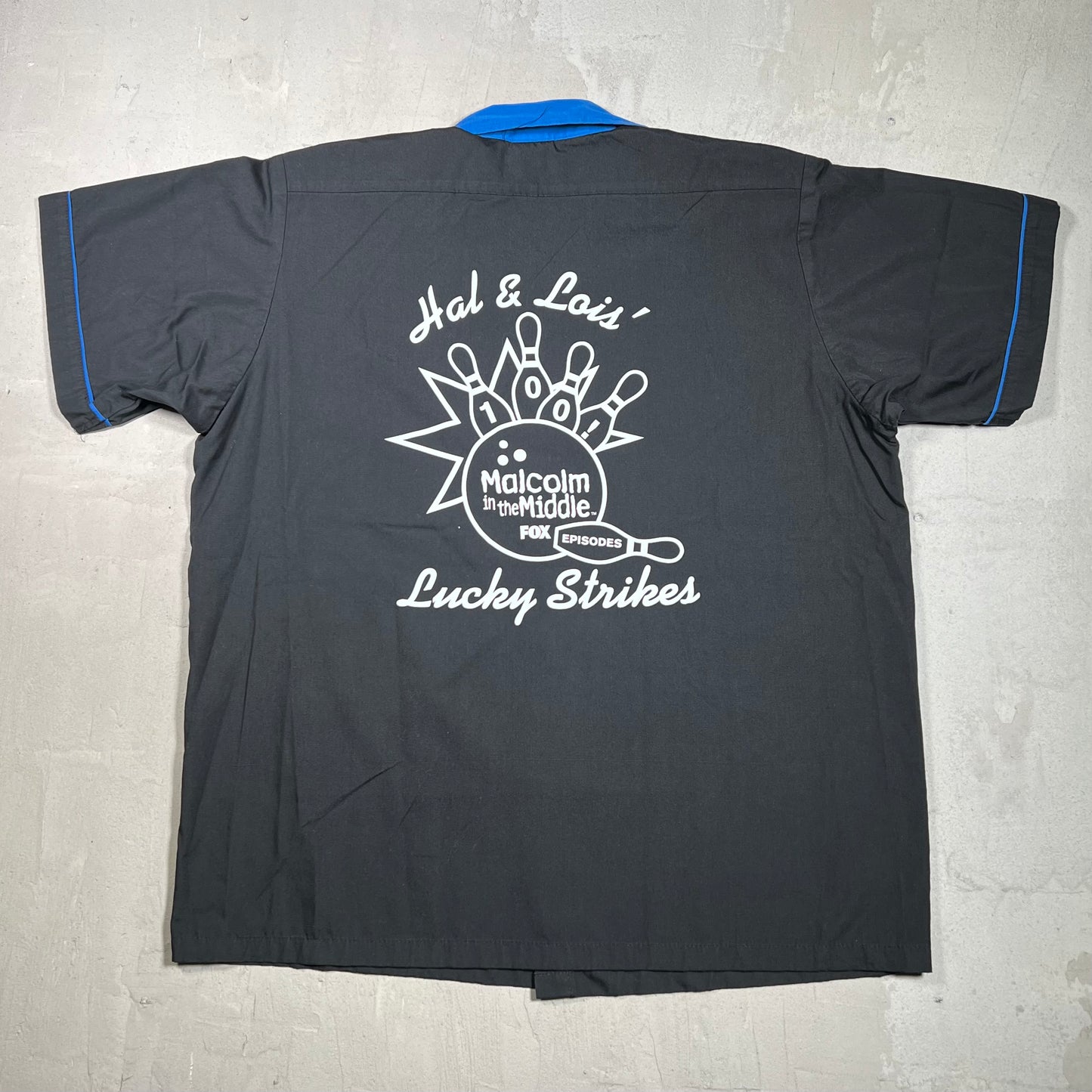 Y2K Malcolm In The Middle Lucky Strikes Bowling Button Up Black Shirt Size Large USED v19751