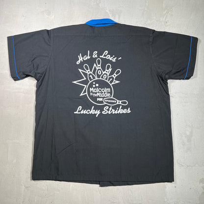 Y2K Malcolm In The Middle Lucky Strikes Bowling Button Up Black Shirt Size Large USED v19751