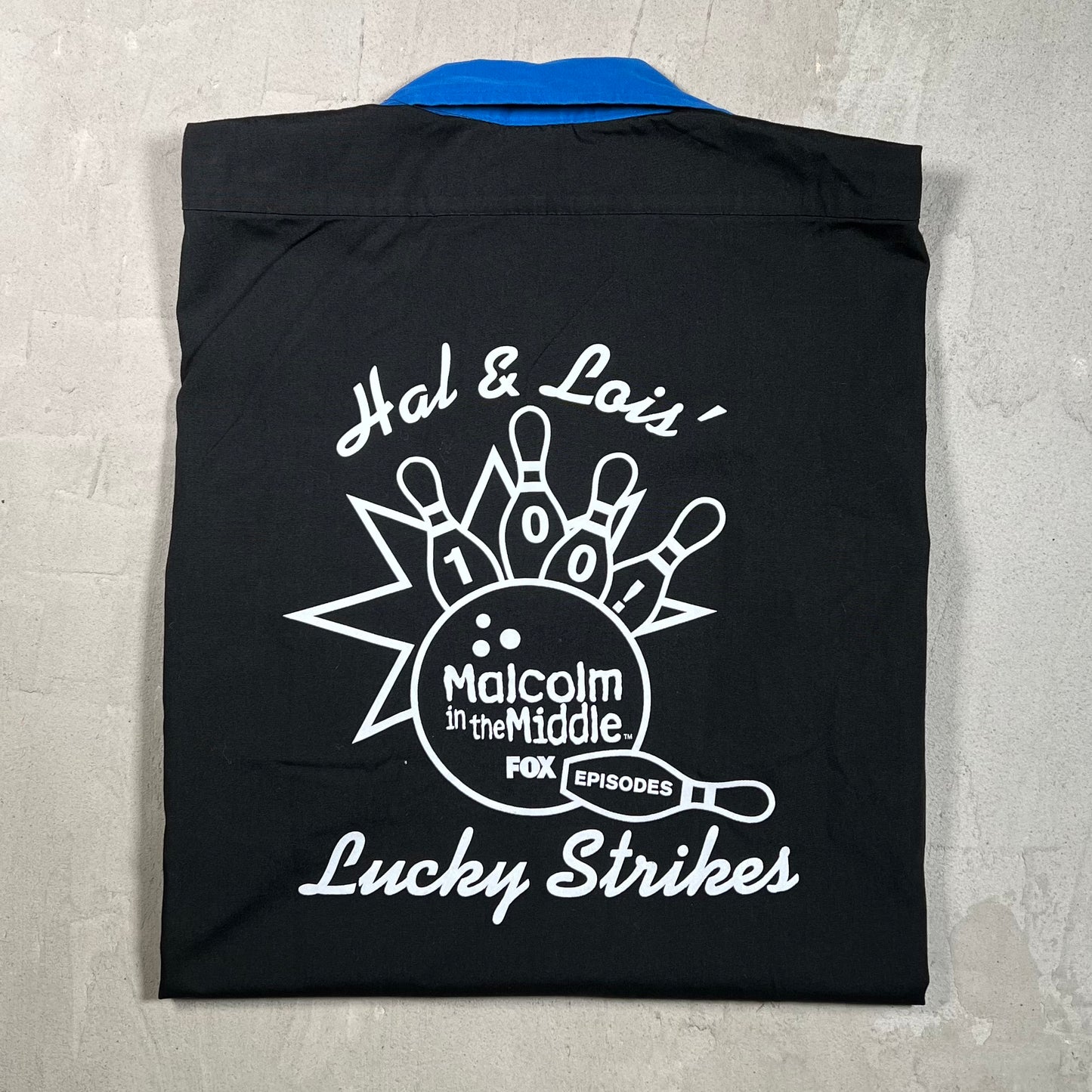 Y2K Malcolm In The Middle Lucky Strikes Bowling Button Up Black Shirt Size Large USED v19751