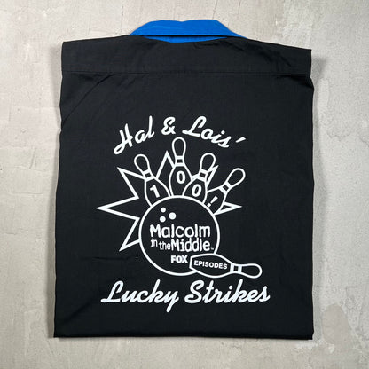 Y2K Malcolm In The Middle Lucky Strikes Bowling Button Up Black Shirt Size Large USED v19751
