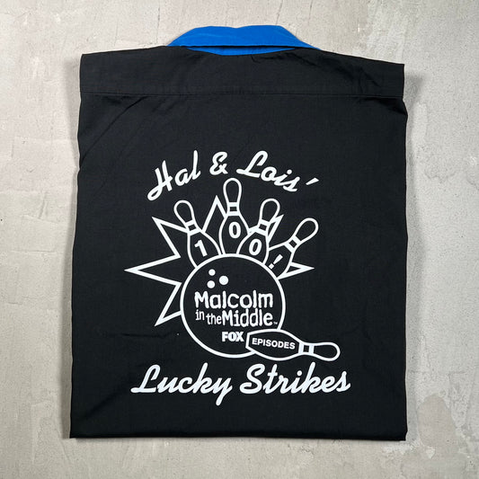 Y2K Malcolm In The Middle Lucky Strikes Bowling Button Up Black Shirt Size Large USED v19751