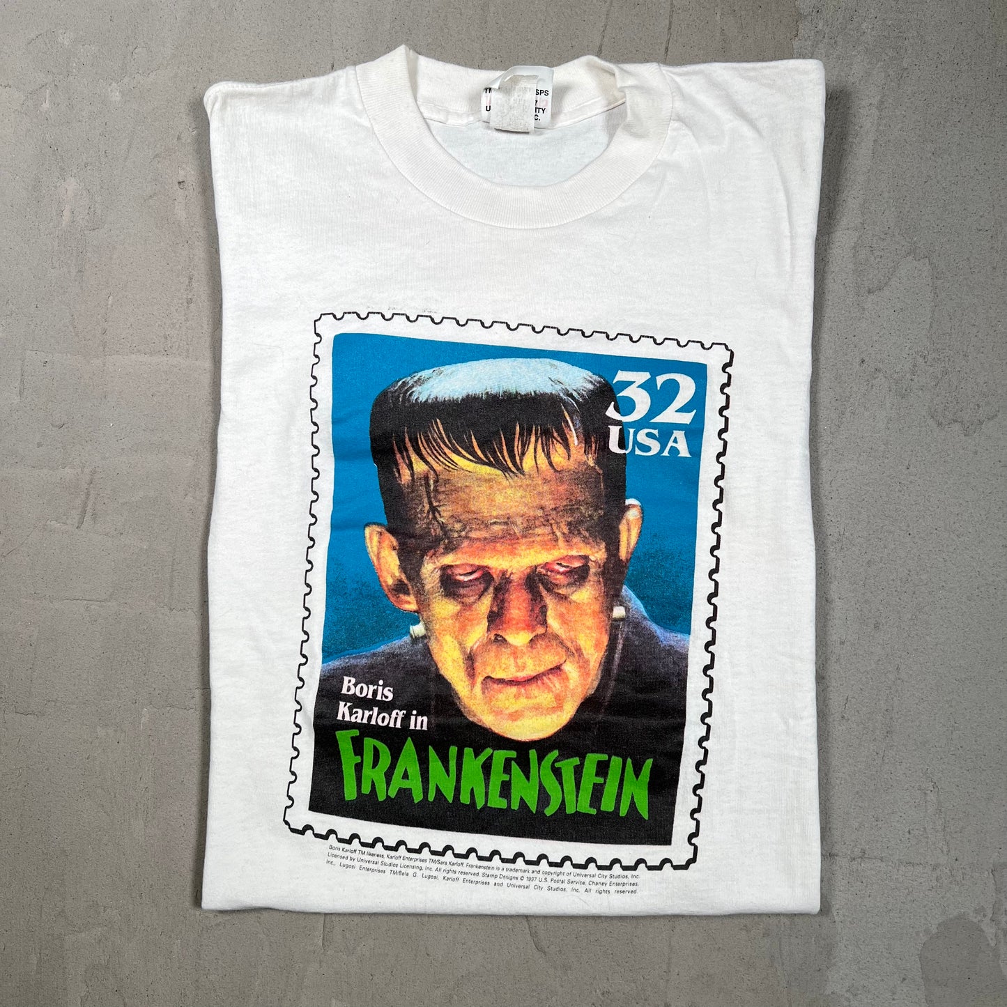 1997 Frankenstein Stamp Print White Tee Size Medium USED v19750