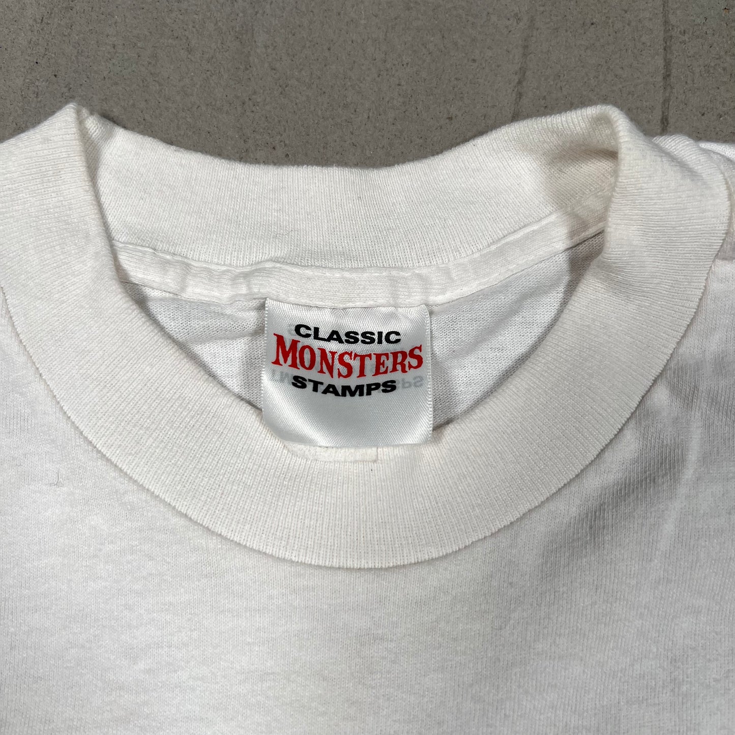 1997 Frankenstein Stamp Print White Tee Size Medium USED v19750