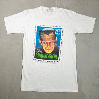 1997 Frankenstein Stamp Print White Tee Size Medium USED v19750