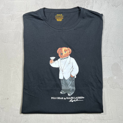 Polo Ralph Lauren Bear Drinking Black Tee Size XL USED v19794