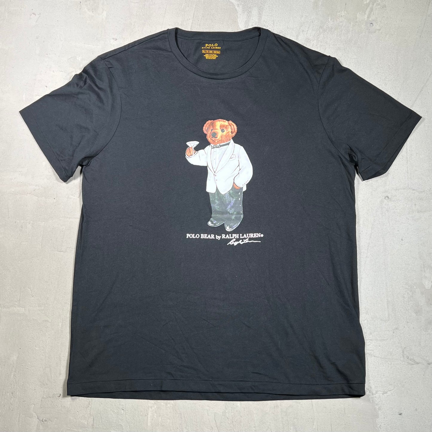 Polo Ralph Lauren Bear Drinking Black Tee Size XL USED v19794