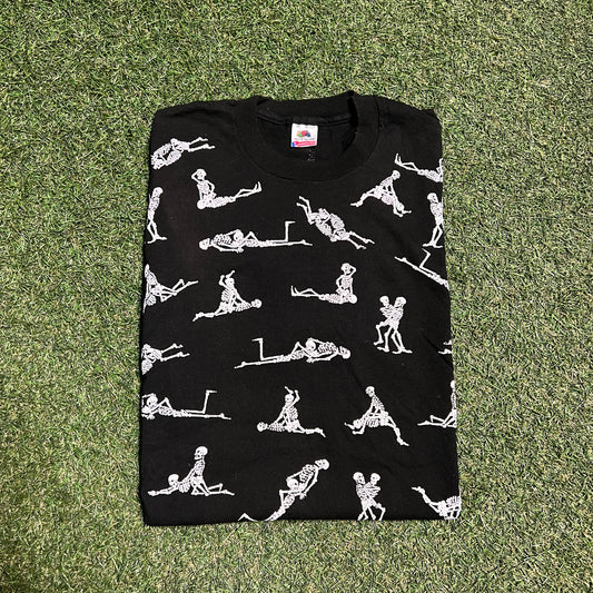 1990s Skeletons Sex Positions Black Tee Size XL USED v8242