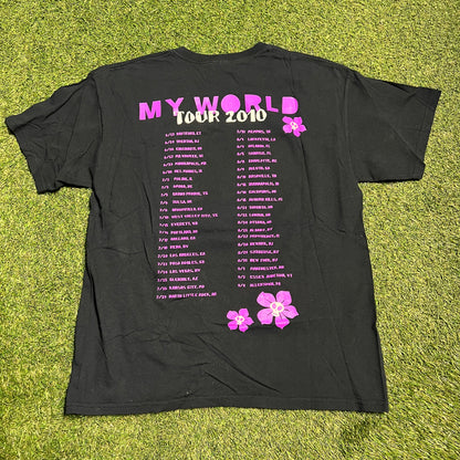 Justin Bieber 2010 tour Rap Style Black Tee Size Large USED v3548