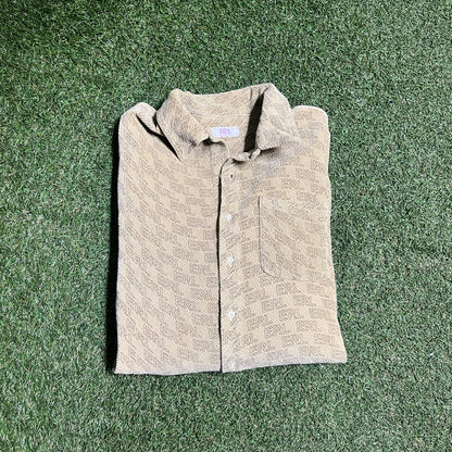 ERL Repeat Logo Corduroy Button Up Tan Shirt Size Large USED x13368