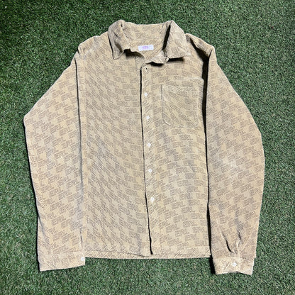 ERL Repeat Logo Corduroy Button Up Tan Shirt Size Large USED x13368