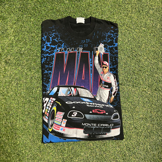 1990s The Man Dale Ernhardt Goodwrench AOP Black Tee Size XL USED v15927