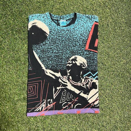 Michael Jordan Magic Johnson Tag Full Print Tee Teal/Black Size Large USED v5833