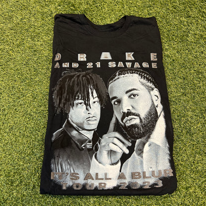 Drake & 21 Savage Bootleg It's All A Blur Tour 2023 Navy Tee Size Small NEW x8145