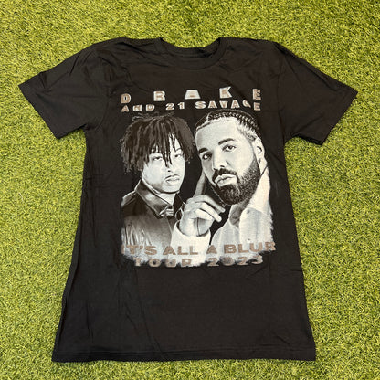 Drake & 21 Savage Bootleg It's All A Blur Tour 2023 Navy Tee Size Small NEW x8145